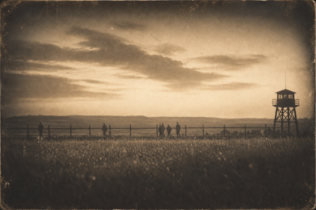 Aged sepia photograph of a 1940s American POW camp at dusk — a guard tower and distant figures behind a fence.